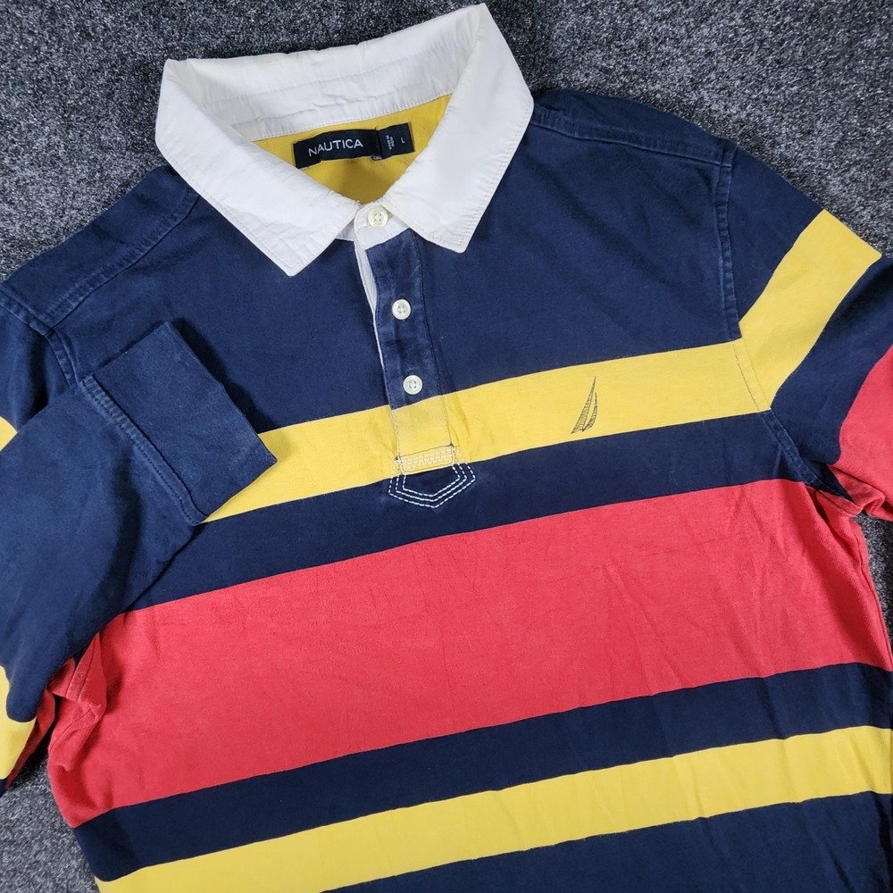 Nautica Rugby Shirt Mens Large Blue Red Yellow Striped Long Sleeve N-83 Cotton